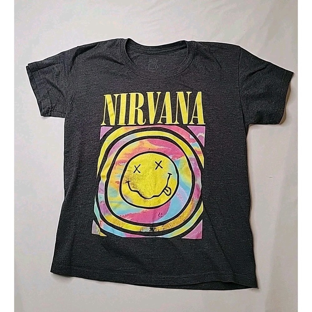 Nirvana Graphic T-Shirt Small Black Tie Dye Smiley Face Band Tee Grunge‎ Y2K
